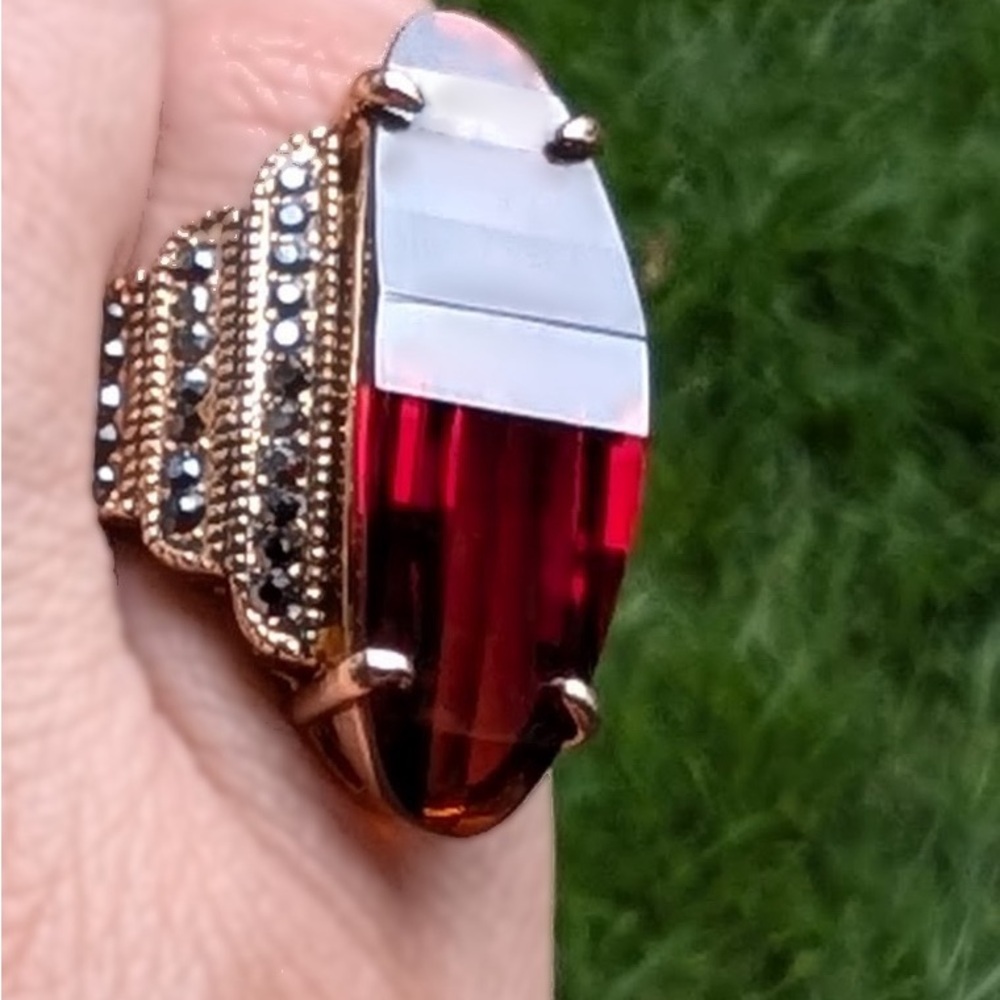 Giant Faceted Garnet & Marcasite silver . Cocktail Ring. Size 8